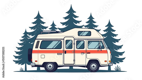 Wallpaper Mural An illustration shows a vintage camper van parked in front of tall pine trees. It is ready for an adventure in the great outdoors. Vector illustration Torontodigital.ca