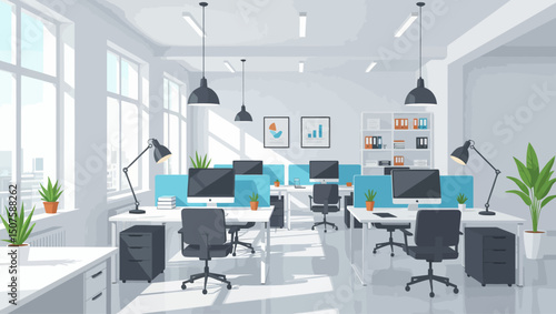 A bright and modern office space with desks, computers, and office chairs, ready for employees to start working. Vector illustration