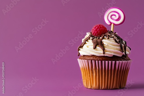 Colorful Cupcake With Raspberry Topping and Lollipop Placed on Textured Backg...