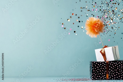 Colorful Celebration Decorations With a Gift Box and Confetti on a Blue Backg...