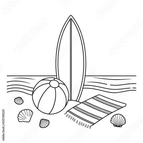 Surfboard, Ball, and Towel on the Beach Line Art Scene