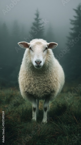 Sheep Standing in a Foggy Forest Setting at Dawn