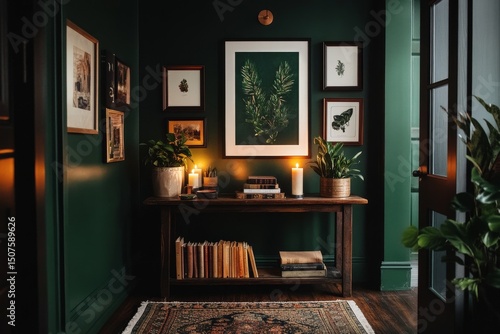 Cozy Indoor Corner With Green Walls, Plants, and Warm Candlelight in a Stylis...