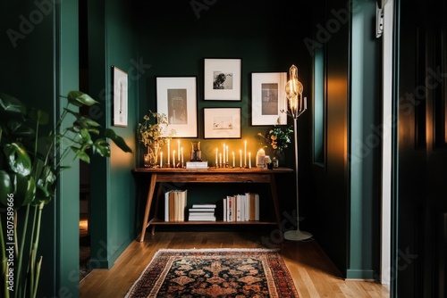 Cozy Indoor Corner With Green Walls, Plants, and Warm Candlelight in a Stylis...