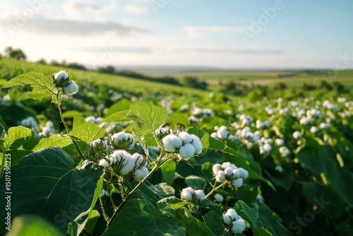 Cotton Field Under Blue Sky With Clouds in a Serene Landscape at Midday