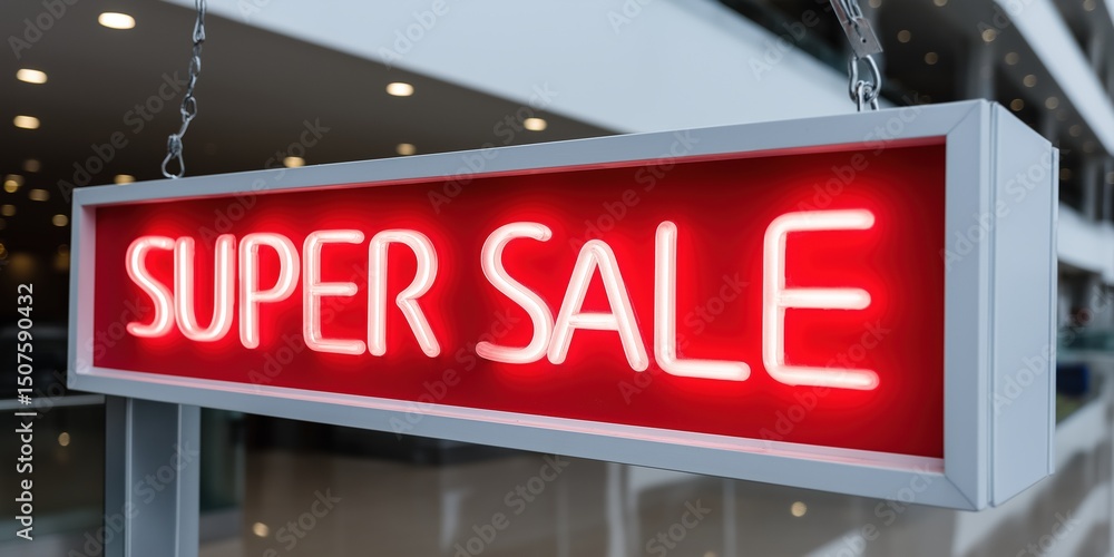 Obraz premium Bright neon super sale sign in shopping mall