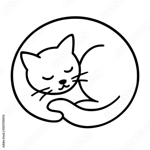 Cute Sleeping Cat Illustration Vector - Adorable Pet Cartoon Outline with Soft Whiskers and Paws Design