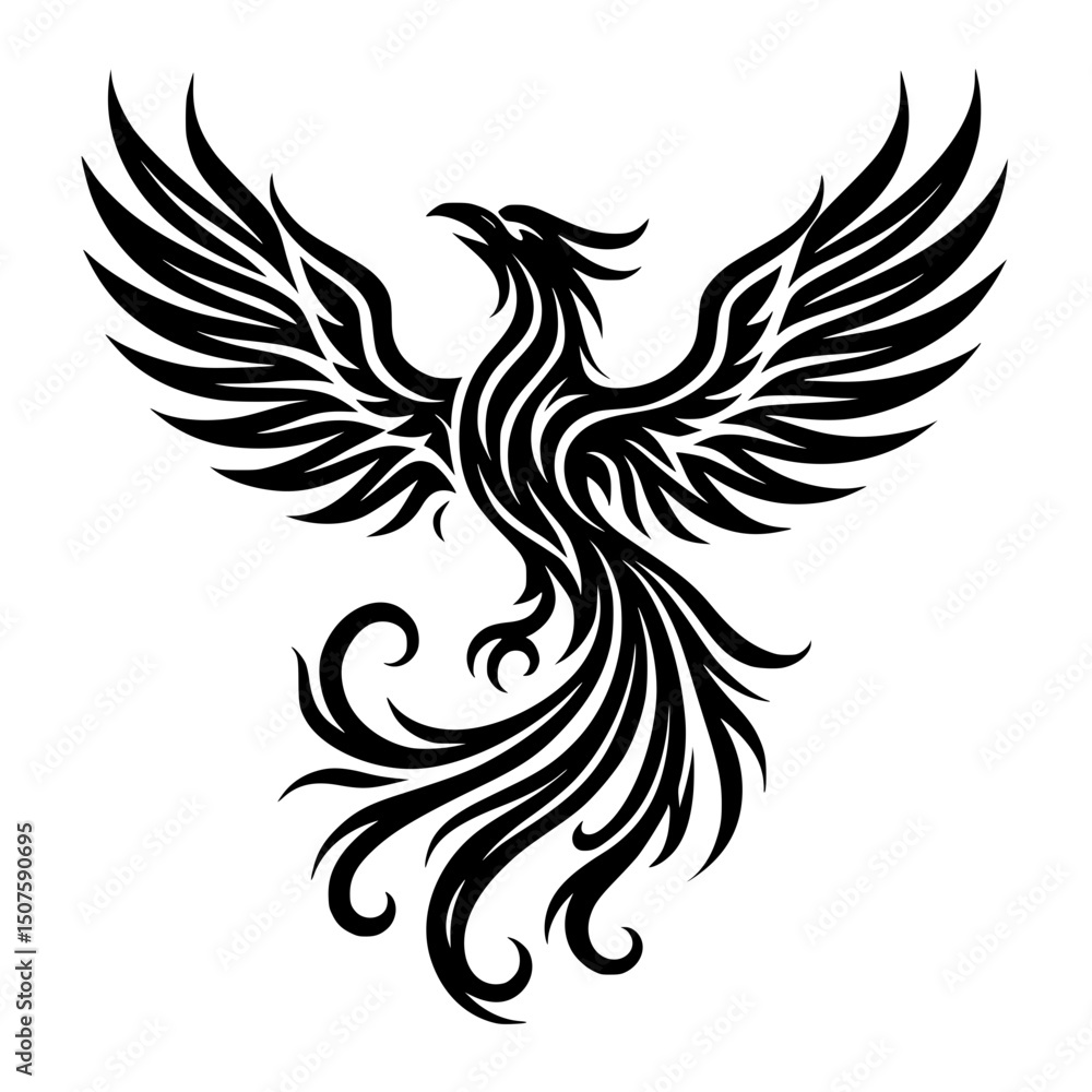 Obraz premium Vector Image of Phoenix Tribal Design: Mythology's Mystical Black Silhouette of a Mythical Bird in Ornate Illustration