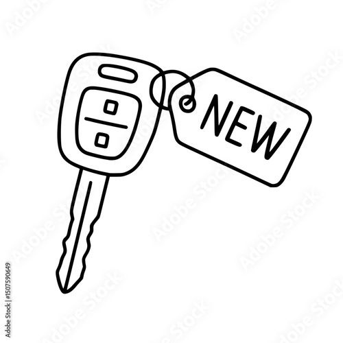 Vector Illustration of Car Key and New Tag: Automobile Key Fob and Vehicle Accessory in Minimalist Design for Automotive Sales Marketing