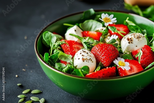 Fresh Strawberry Salad With Mozzarella and Greens Served in a Green Bowl