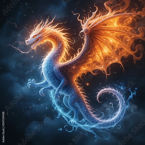 Fiery And Icy Dragon In Flight, Abstract Digital Artwork