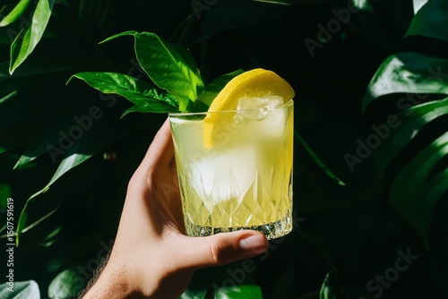 Refreshing Cocktail With Lemon Slice Held Against Vibrant Green Foliage Backdrop