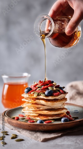 Homemade Pancakes Topped With Fresh Fruits and Syrup for a Delicious Breakfast