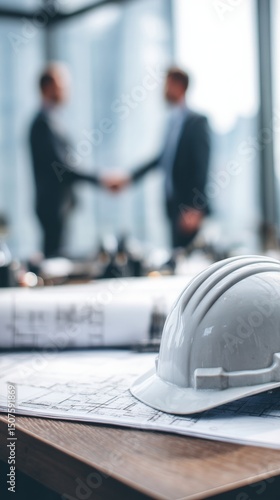 Construction Meeting in Modern Office With Handshake and Plans on Table