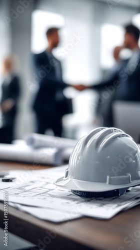 Construction Meeting in Modern Office With Handshake and Plans on Table