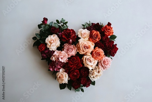 Heart-shaped Arrangement of Roses in Various Colors on a Light Background