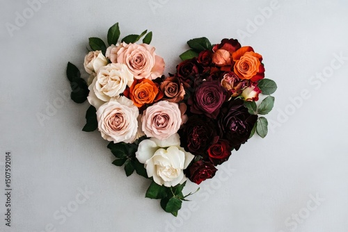 Fresh Roses Arranged in a Heart Shape on a Light Background for a Romantic Oc...