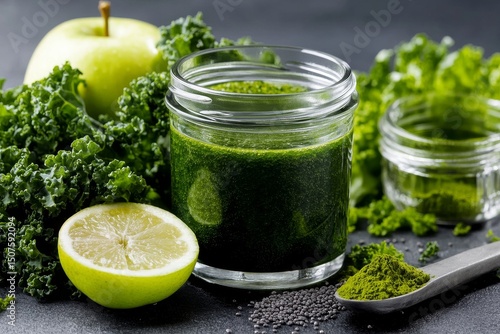 Healthy Green Smoothie Preparation With Kale and Apple on a Dark Background