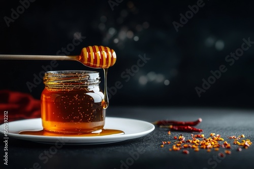 Delicious Honey Dripping From a Wooden Spoon in a Jar With Chili Flakes Nearb...