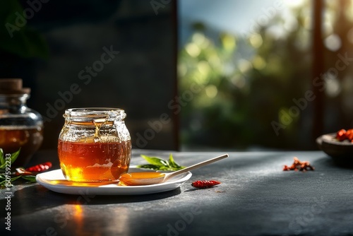 Delicious Honey Dripping From a Wooden Spoon in a Jar With Chili Flakes Nearb...