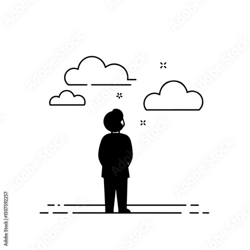 Silhouette of a person contemplating under light clouds against a minimalist background, reflecting on life, concept of wellness or motivational brands