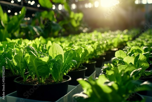 Fresh Green Lettuce Flourishing in a Sunlit Greenhouse During Early Morning H...