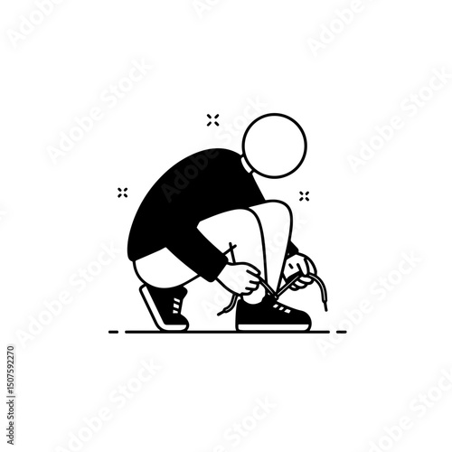 Line art figure tying shoelaces with a focused expression on a minimalist background, representing the concept of personal care or fitness