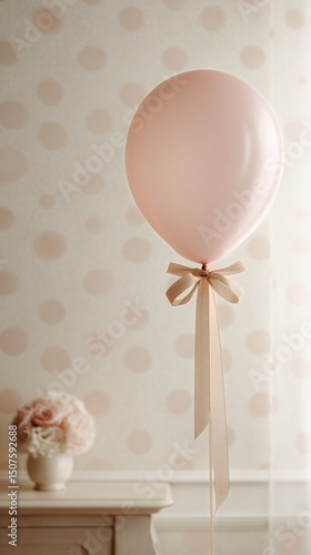 Pink Balloon With Polka Dots Tied With Ribbon at a Charming Party Table Setti...