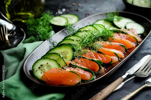 Fresh Salmon and Cucumber Salad Served on a Black Platter With Herbs at a Sty...
