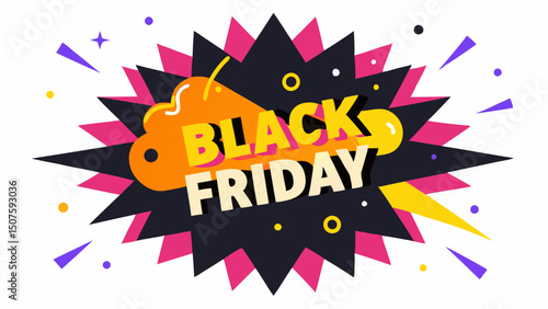Explosive Sale Tag A vibrant oversized sale tag with bold letters that read BLACK FRIDAY in a dynamic font surrounded by bright explosive stars and dots.