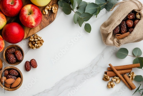 Delicious Assortment of Fresh Fruits and Nuts Arranged on a Marble Countertop...