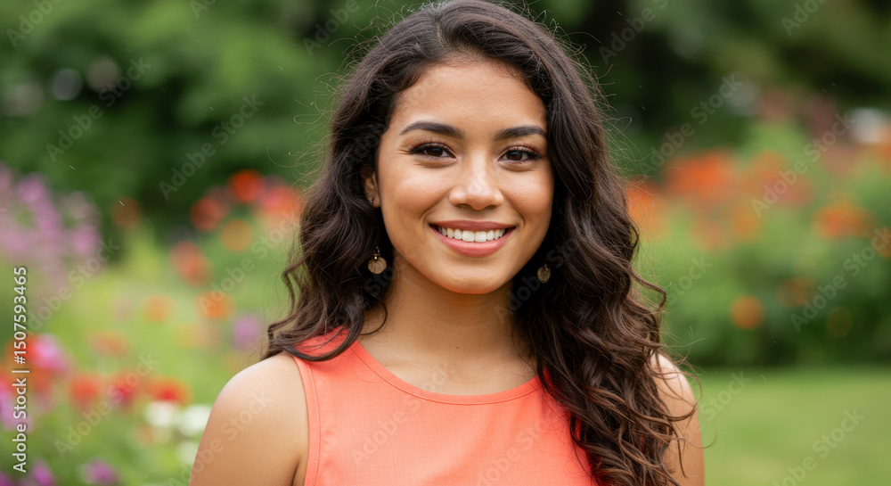 Portrait Of A Young Woman Smiling In A Garden With Green Foliage And Colorful Flowers Daylight Portrait Of A Young Woman Smiling In A Garden With Green Foliage And Colorful Flowers Daylight