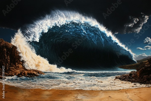 Majestic Wave Crashing on Sandy Beach Under Dramatic Clouds at Sunset