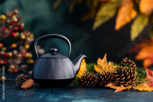 Elegant Black Teapot Surrounded by Autumn Leaves and Pine Cones During a Cozy...
