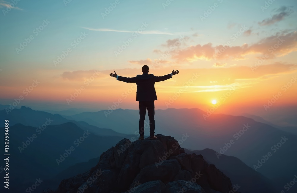 Obraz premium Businessman silhouette stands mountain top at sunset. Open arms, triumph, success, freedom concept. Leadership achievement challenge, victory, career goal, business, teamwork, motivation, inspiration.