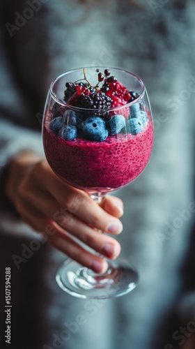 Delicious Berry Dessert Served in a Crystal Glass Held by Hands in a Cozy Set...