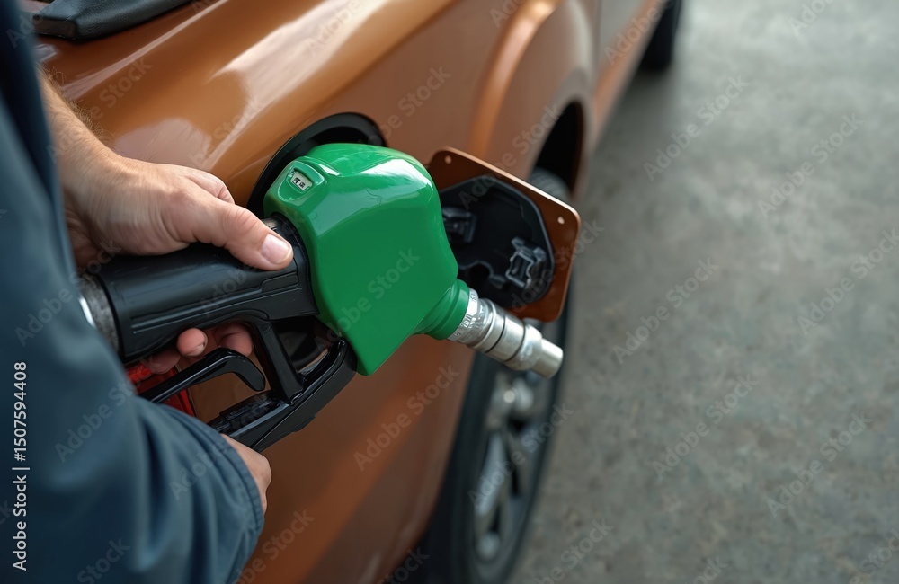 Hand holds green gas pump nozzle refilling bronze pickup truck at gas station. Man filling vehicle tank with gasoline. Petrol, diesel fuel refuel energy. Car, transport. Hand holds green gas pump nozzle refilling bronze pickup truck at gas station. Man filling vehicle tank with gasoline. Petrol, diesel fuel refuel energy. Car, transport.