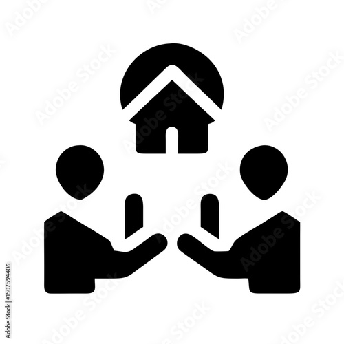 Co-Ownership – Two People Sharing House: Icon of two people holding a house between them, representing shared ownership, co-ownership, or property partnership in real estate.
