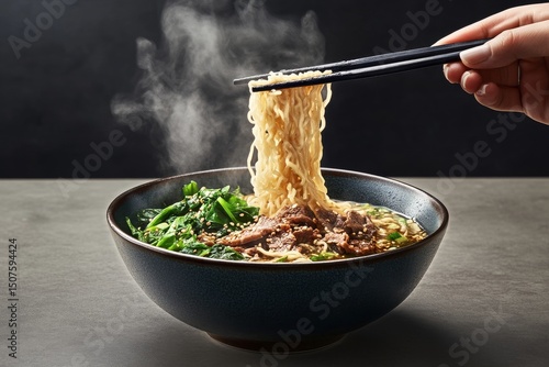 Delicious Bowl of Spicy Noodle Soup Garnished With Fresh Herbs Served in a St...