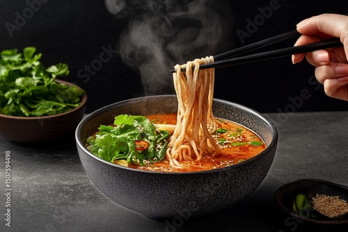 Delicious Bowl of Spicy Noodle Soup Garnished With Fresh Herbs Served in a St...