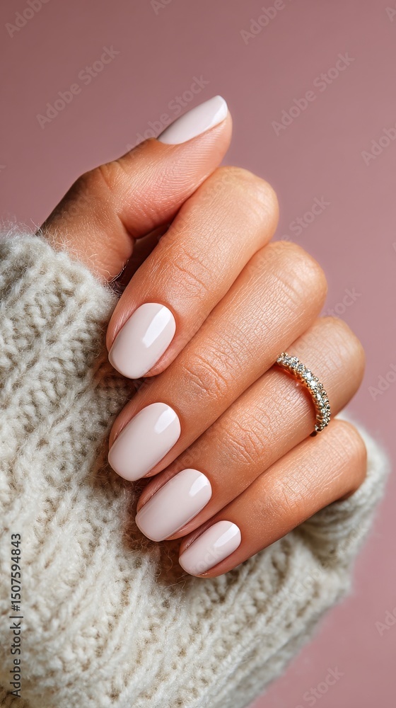 Fototapeta premium Elegant Manicure With White and Nude Nails Adorned With a Delicate Ring in a Cozy Setting