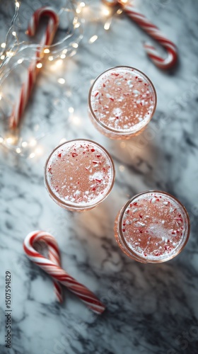 Festive Holiday Drinks With Candy Cane on Marble Surface During Winter Celebr...