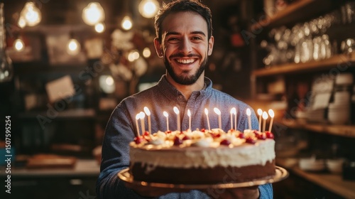 Man holding birthday cake