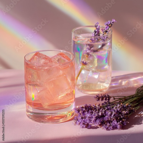 Refreshing Drinks With Lavender and Colorful Reflections in Bright Sunlight