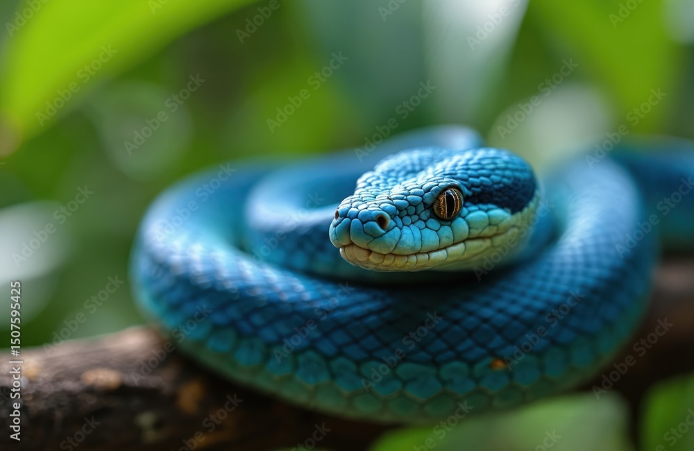 Obraz premium Vibrant blue viper snake close-up. Exotic reptile coiled on branch, eye contact. Trimeresurus insularis viper, venomous. Wildlife, animal, nature photo for eco awareness, conservation, fauna topics.
