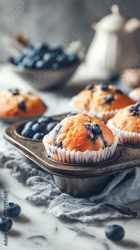 Freshly Baked Blueberry Muffins on a Kitchen Counter With Berries in a Bowl