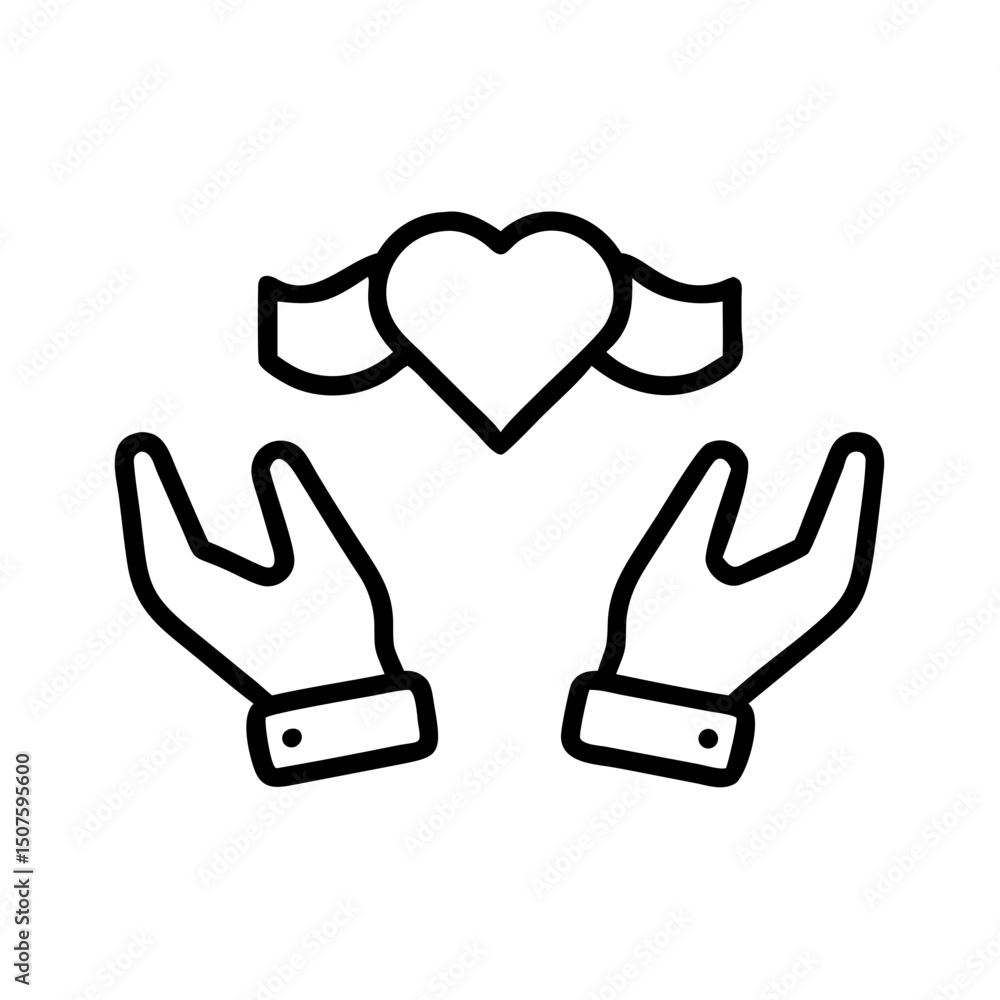 Obraz premium Hands holding heart symbol with ribbon in simplistic outline style 