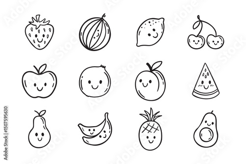 Fruits funny characters with a smile doodle hand drawn icon set. Different variable fruits happy smiling drawing clipart outline element.