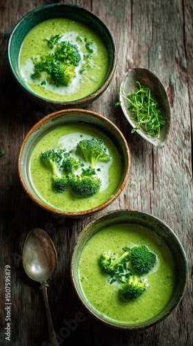 Fresh Broccoli Soup Served in Rustic Bowls With Herbs on Wooden Table