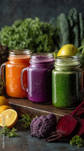 Colorful Jars of Healthy Juices Surrounded by Fresh Fruits and Vegetables on ...
